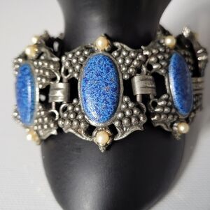 Vintage  Estate Blue Enamel Cabochon  Antiqued Silver Tone Panel Bracelet